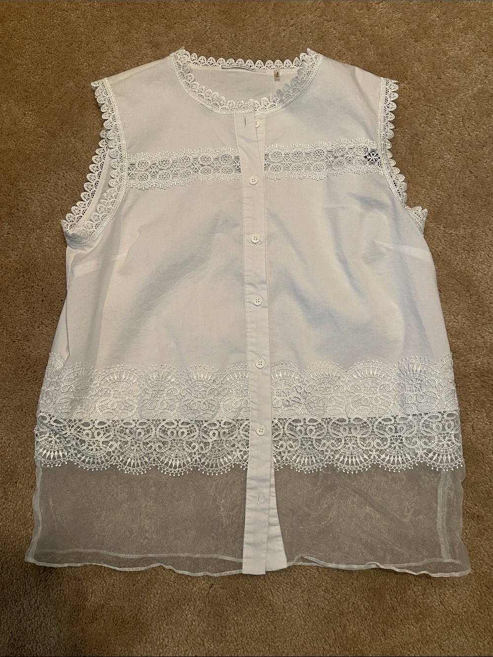 Tahari White Sleeveless Lace-Trim Button Front Blouse